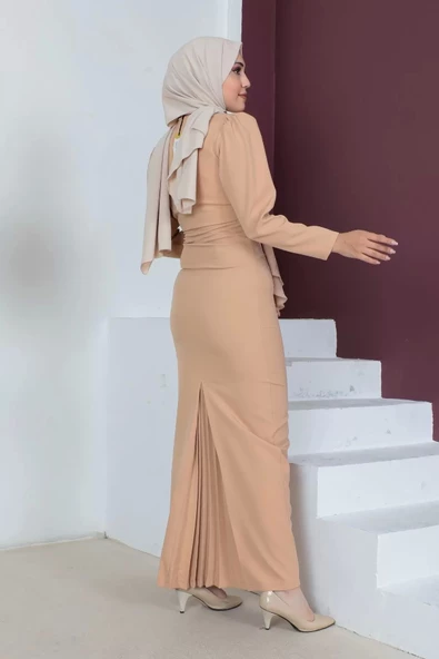 Kruvaze Yaka Tesettür Kalem Elbise 768-Camel - 4