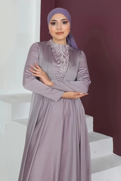 Plise Detaylı Boncuklu Tesettür Abiye Elbise 761-Gül Kurusu - 3