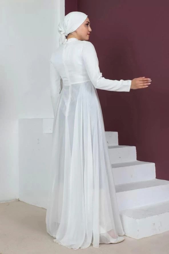 Plise Detaylı Boncuklu Tesettür Abiye Elbise 761-Beyaz - Resim 4