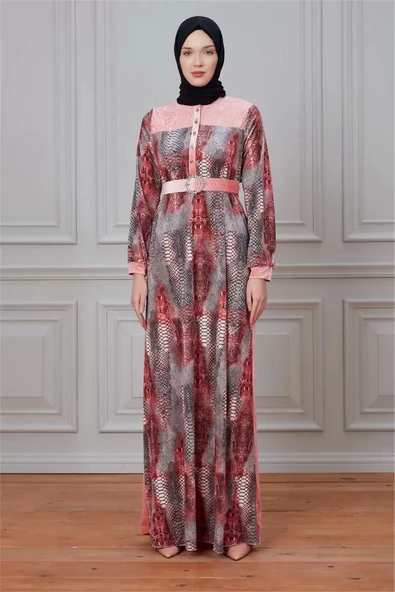 Leila Piton Desenli Kadife Elbise 699-Pudra - 3