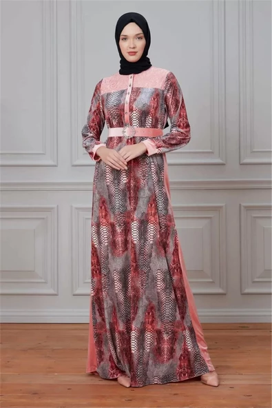 Leila Piton Desenli Kadife Elbise 699-Pudra - 2