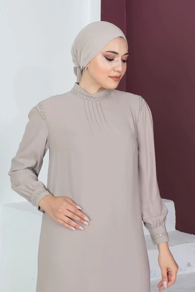 Boncuk Detaylı Ferace Elbise 692-Bej - 3