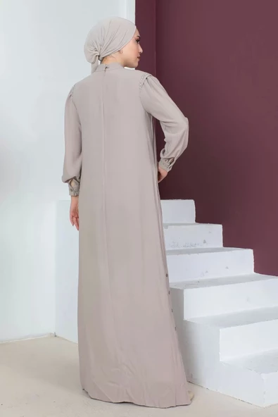 Boncuk Detaylı Ferace Elbise 692-Bej - 4