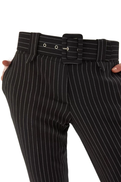 Kemer Detaylı Çizgili Bilek Boy Pantolon 5002-Siyah - 3
