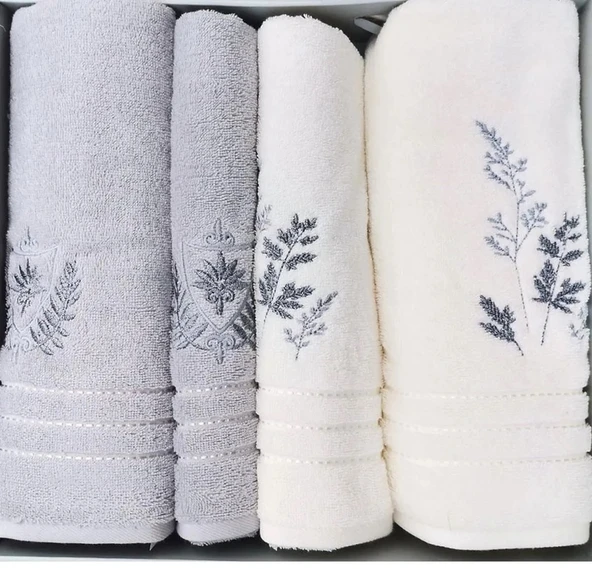 Özdilek 4 Parça Best Hamam Seti, Banyo Havlu Takımı-Leaf Krem- Gri - 2
