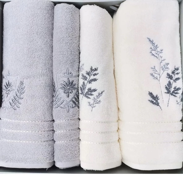 Özdilek 4 Parça Best Hamam Seti, Banyo Havlu Takımı-Leaf Krem- Gri - 2