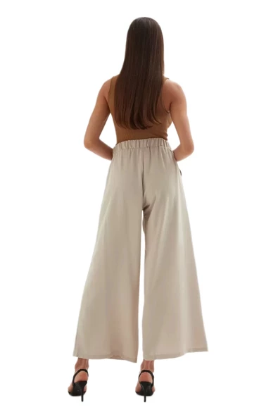 Bağlama Detaylı Bol Paça Pantolon 1012-Bej - 4