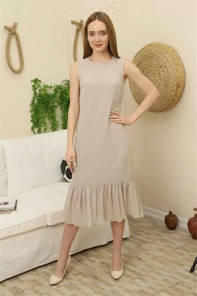 Büzgü Detaylı Şifon Elbise 1755-Bej - Resim 2