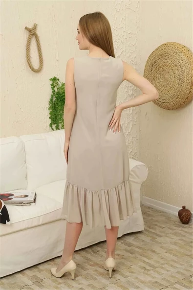 Büzgü Detaylı Şifon Elbise 1755-Bej - Resim 4