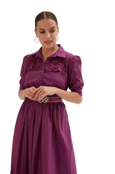 Nakış Ve Kemer Detaylı Poplin Elbise 1778-Mor - 2