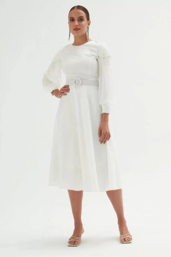 Omuz Detaylı Saten Elbise 695-Beyaz ürün görseli 1