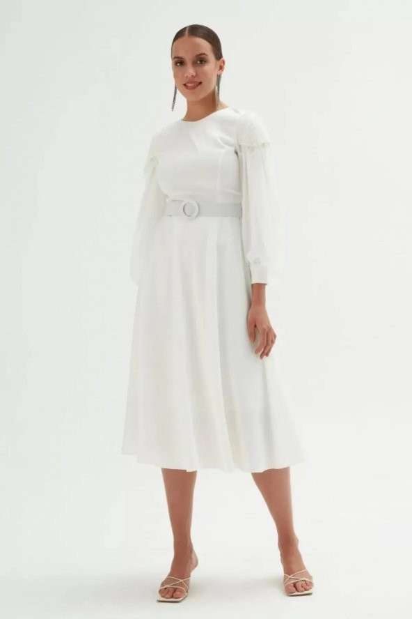 Omuz Detaylı Saten Elbise 695-Beyaz - Resim 2