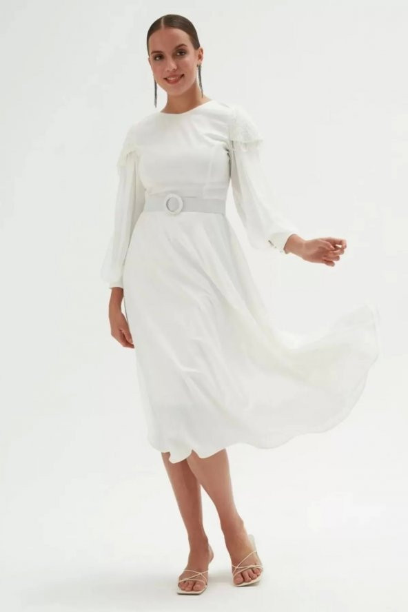 Omuz Detaylı Saten Elbise 695-Beyaz - Resim 3