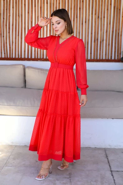 Büzgü Detaylı V Yaka Elbise 2210-Narçiçeği - Resim 3