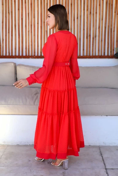 Büzgü Detaylı V Yaka Elbise 2210-Narçiçeği - Resim 4