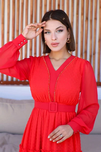 Büzgü Detaylı V Yaka Elbise 2210-Narçiçeği - Resim 2