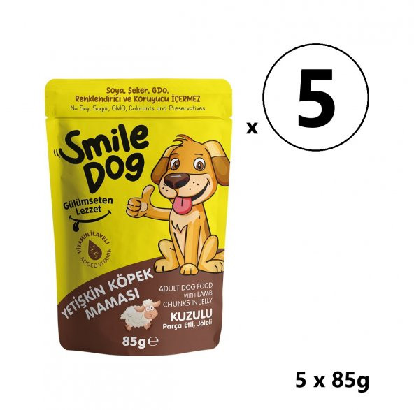 Smile Dog Flowpack Parça Kuzu Etli Yetişkin Köpek Maması 5x85Gr