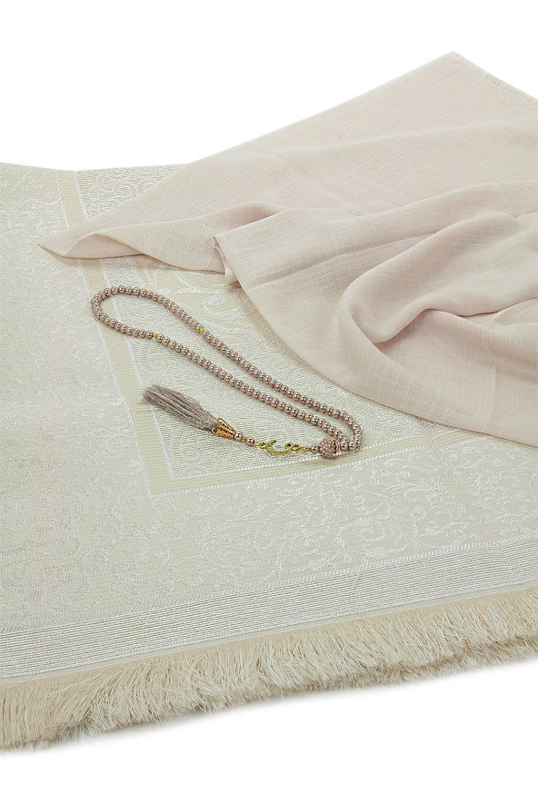 Kutulu Örtülü Tesbihli Hediyelik Çeyizlik Seccade Seti Krem - Resim 4