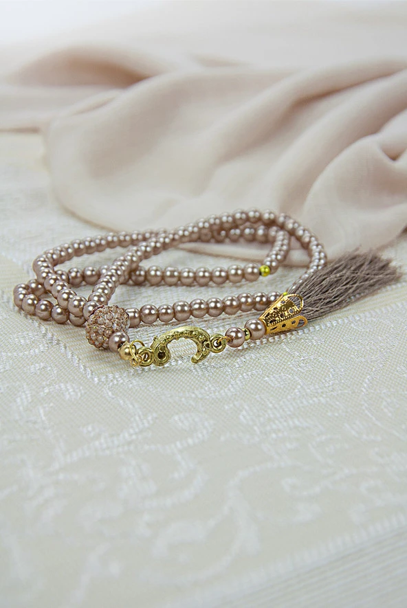 Kutulu Örtülü Tesbihli Hediyelik Çeyizlik Seccade Seti Krem - Resim 5