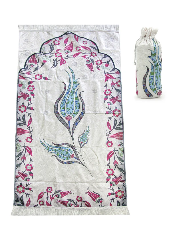 İpek Dokulu Taşıma Çantalı Ebruli Lale Desenli Seccade - Turkuaz ürün görseli 1