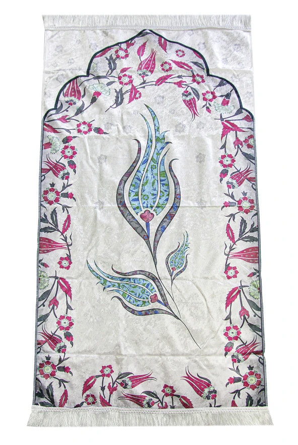 İpek Dokulu Taşıma Çantalı Ebruli Lale Desenli Seccade - Turkuaz - Resim 2