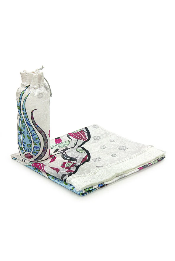 İpek Dokulu Taşıma Çantalı Ebruli Lale Desenli Seccade - Turkuaz - Resim 3