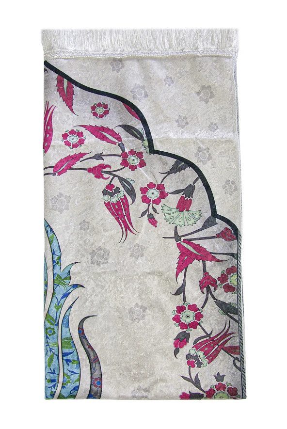 İpek Dokulu Taşıma Çantalı Ebruli Lale Desenli Seccade - Turkuaz - Resim 4