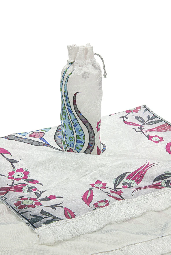 İpek Dokulu Taşıma Çantalı Ebruli Lale Desenli Seccade - Turkuaz - Resim 6