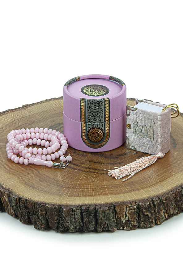 Mevlüt İçin Mini Silindir Kutulu Tesbihli Hediyelik Kuranı Kerim Seti Pembe - Resim 2