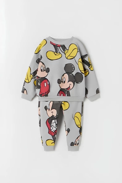 Unisex Çocuk Mickey Mouse Baskılı 3 İplik Şardonsuz Sweat ve Eşofman Alt Üst Takım Dar Kalıp