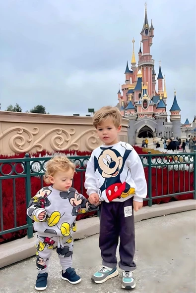 Unisex Çocuk Mickey Mouse Baskılı 3 İplik Şardonsuz Sweat ve Eşofman Alt Üst Takım Dar Kalıp - 4