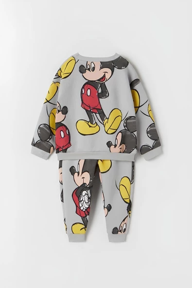 Unisex Çocuk Mickey Mouse Baskılı 3 İplik Şardonsuz Sweat ve Eşofman Alt Üst Takım Dar Kalıp - 2