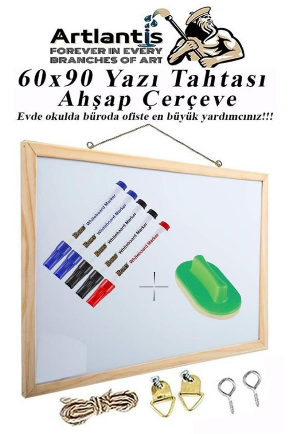 Duvara Monte Beyaz Yazı Tahtası 60x90 cm 1 Adet Yazı Tahta Kalemi ve Silgisi Laminant Yazı Tahtası Ahşap Çerçeveli Askılı Okul Ofis Büro