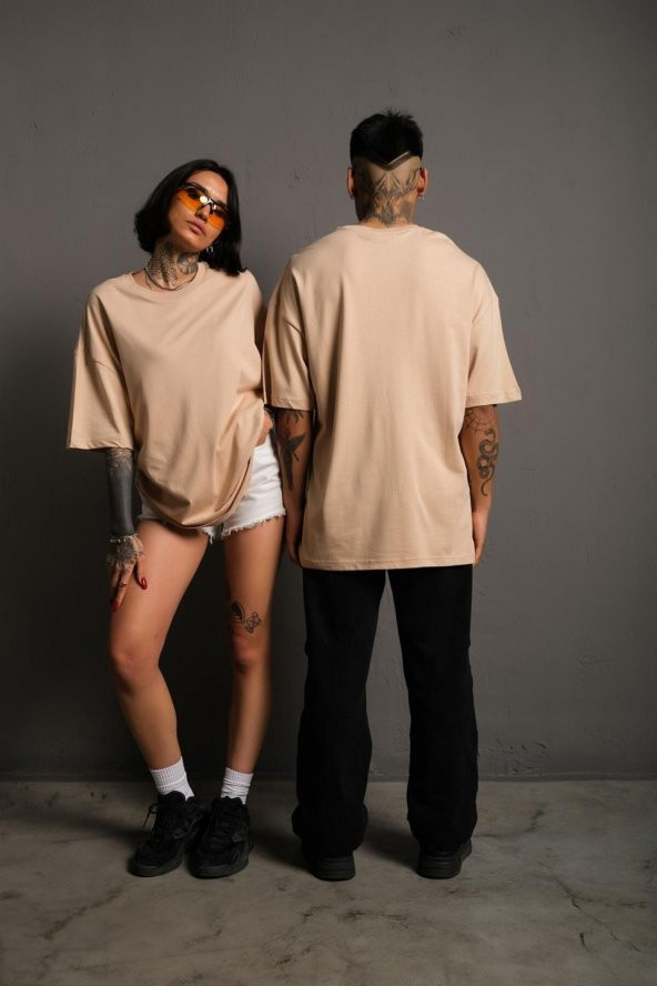 Unisex 24/1 Düz A Kalite Bej Oversize T-shirt