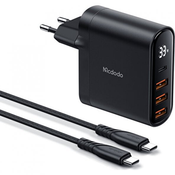 Mcdodo CH-2252 33W 1xtype-C 3xusb Girişli Dijital Göstergeli Şarj Adaptörü+Type-C To Type-C Kablo 1.2m -Siyah - 3