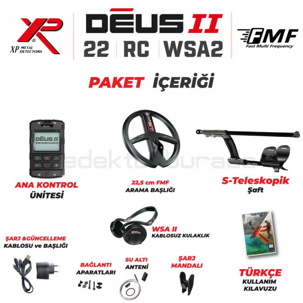 Deus 2 Dedektör - 22,5cm FMF Başlık, Ana Kontrol Ünitesi, WSA2 Kulaklık - 2