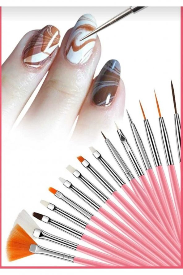 Lady red line Protez Tırnak Kalıcı Oje Nail Art Çok Amaçlı Fırça Seti[15li] Pembe Renkli - 2
