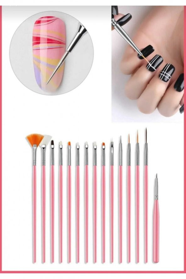Lady red line Protez Tırnak Kalıcı Oje Nail Art Çok Amaçlı Fırça Seti[15li] Pembe Renkli - 3