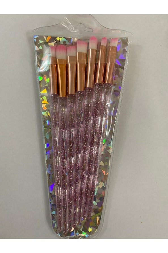 Lady red line Makyaj Yüz Fırça Seti 7 Li Şeffaf Açık Pembe Simli