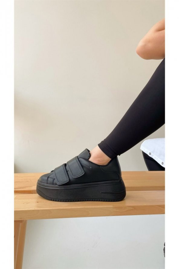 Kadın Siyah Cırt Cırtlı Sneaker Spor Ayakkabı-taban 5 Cm-yürüyüş Ayakkabısı Yüksek Tabanlı Bantlı