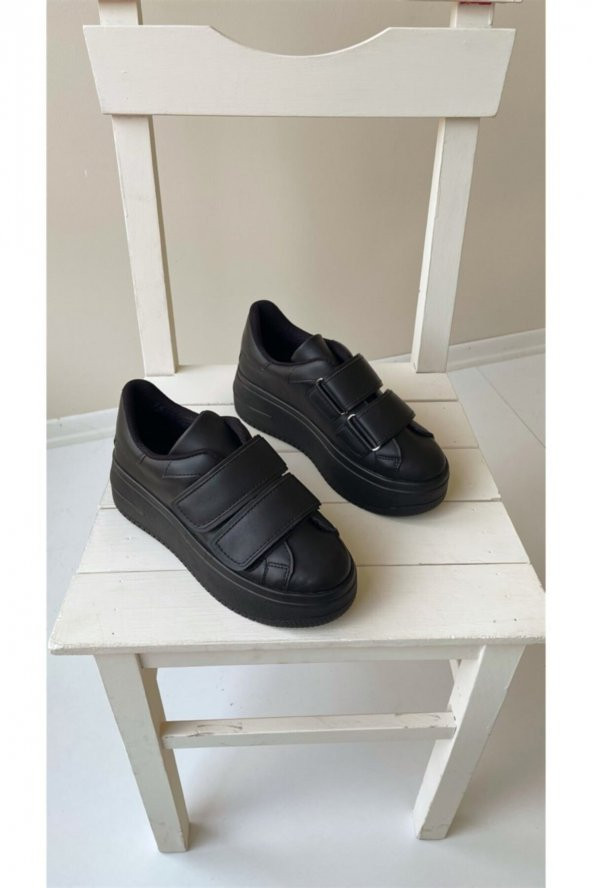 Kadın Siyah Cırt Cırtlı Sneaker Spor Ayakkabı-taban 5 Cm-yürüyüş Ayakkabısı Yüksek Tabanlı Bantlı - 2