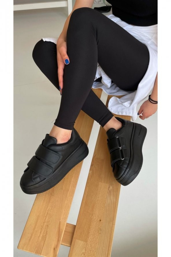 Kadın Siyah Cırt Cırtlı Sneaker Spor Ayakkabı-taban 5 Cm-yürüyüş Ayakkabısı Yüksek Tabanlı Bantlı - 3
