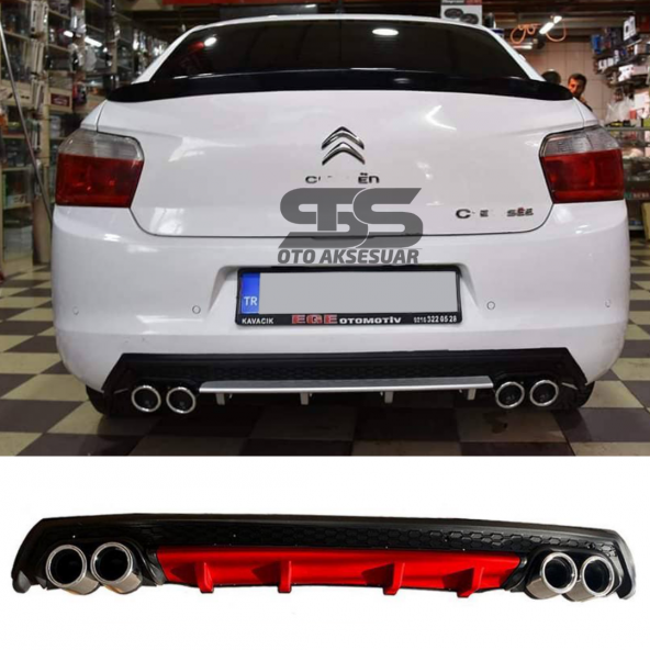 Citroen C-elysee Difüzör Arka Tampon Eki 4 Egzoz Çıkışlı Kırmızı Lüx Tip ürün görseli