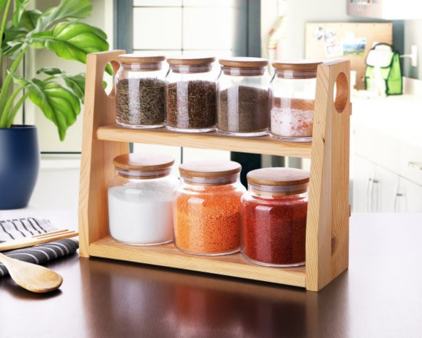 Ahşap Standlı Bambu Kapaklı 7li Cam Baharat Takımı