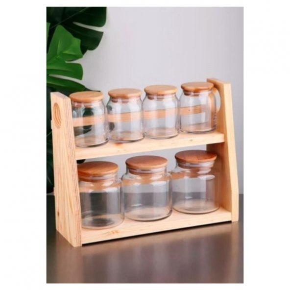 Ahşap Standlı Bambu Kapaklı 7li Cam Baharat Takımı - 2