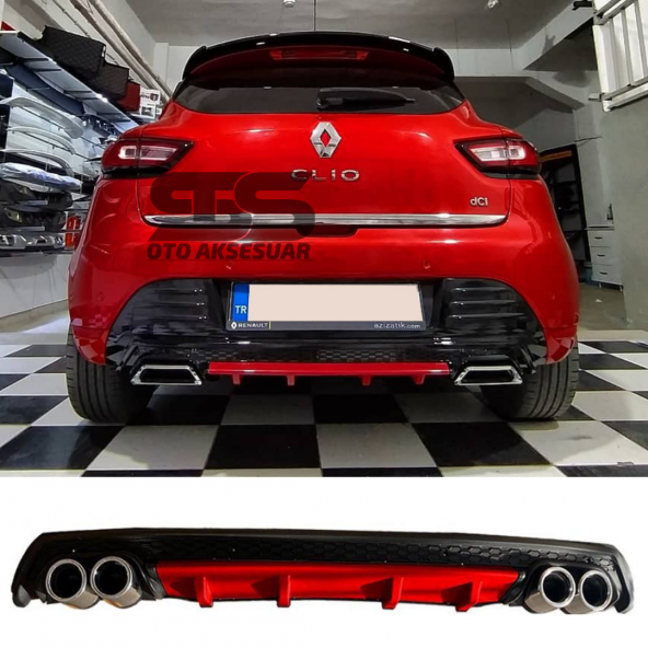 Renault Clio 4 Difüzör Arka Tampon Eki 4 Egzoz Çıkışlı Kırmızı Lüx Tip ürün görseli