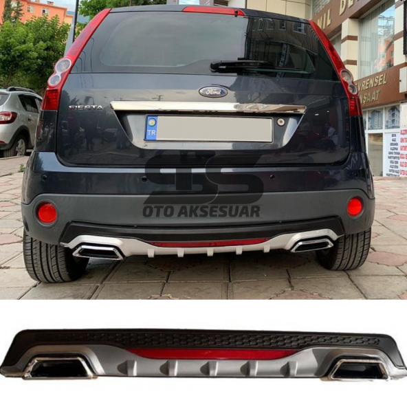 Ford Fiesta 2003-2008 Difüzör Arka Tampon Eki 2 Egzoz Çıkışlı Gri Reflektörlü ürün görseli 1