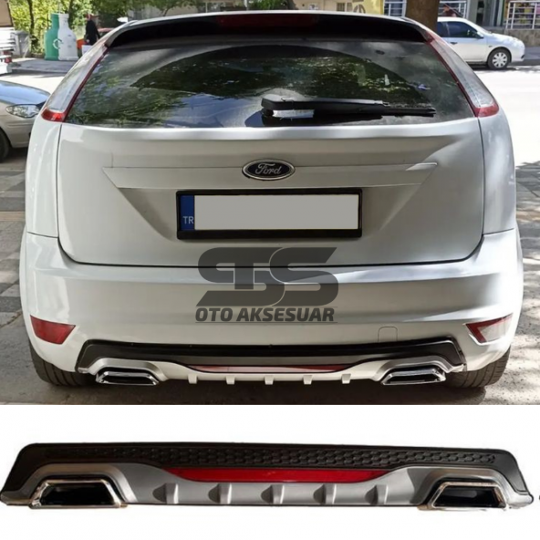 Ford Focus 2 HB Difüzör Arka Tampon Eki 2 Egzoz Çıkışlı Gri Reflektörlü