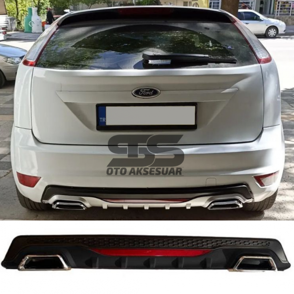 Ford Focus 2 HB Difüzör Arka Tampon Eki 2 Egzoz Çıkışlı Siyah Reflektörlü ürün görseli 1