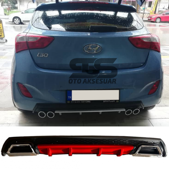 Hyundai i30 Difüzör Arka Tampon Eki 2 Egzoz Çıkışlı Kırmızı Lüx Tip